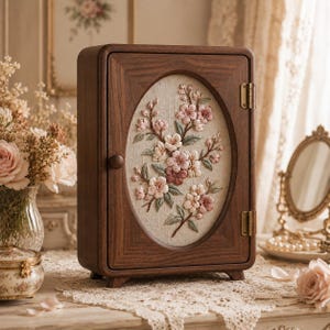 May include: A rectangular dark wood cabinet featuring an oval centre panel with intricate floral embroidery. The embroidery depicts light pink and white cherry blossoms with green leaves on a beige fabric background. The cabinet has brass hinges.