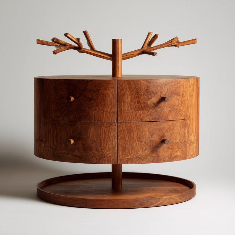 Custom Swivel Wood Jewelry Box with Branches, Aesthetic AI Design Walnut Organizer, Unique Rotating 4-Drawer Valet, Minimalist Art Gift Case