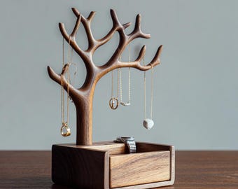 Organizzatore di gioielli personalizzato a forma di albero con cassetto, supporto per collane in noce ispirato all'intelligenza artificiale, albero portagioie in legno moderno ed estetico, opera d'arte unica.