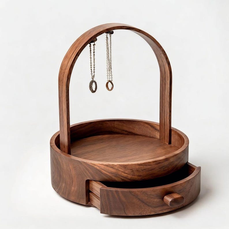 Custom Arch Jewelry Organizer with Drawer, Aesthetic AI Design Walnut Stand, Unique Rotating Necklace Hanger, Minimalist Wood Valet Art Gift