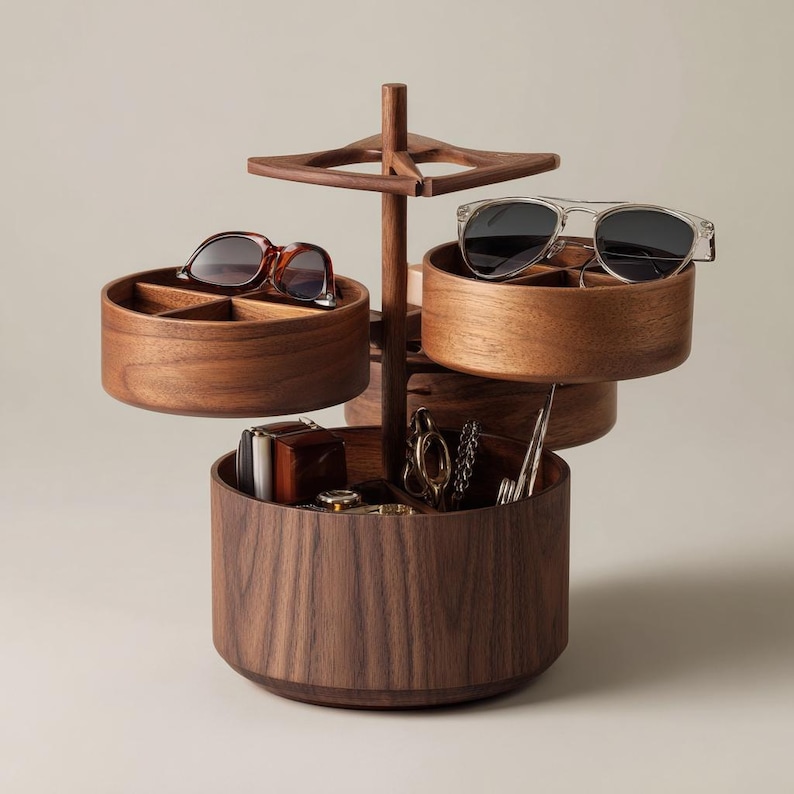 Custom Swivel Wood Jewelry Box, Aesthetic AI Design Sunglasses Stand, Luxury Tiered Walnut Organizer, Unique Rotating Valet Tray Art Gift