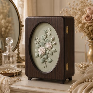 Walnut Jewelry Cabinet White Rose Chest | Large Stand Up Mini Wardrobe, Fluffy Flower Door | Unique Cottagecore Art Vanity Organiser