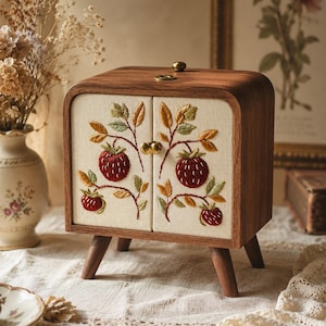 May include: A small wooden cabinet with four short legs and two doors featuring cream-colored fabric panels. The panels are decorated with embroidered red strawberries and green and yellow leaves. The cabinet has small brass knobs and a smooth finish.