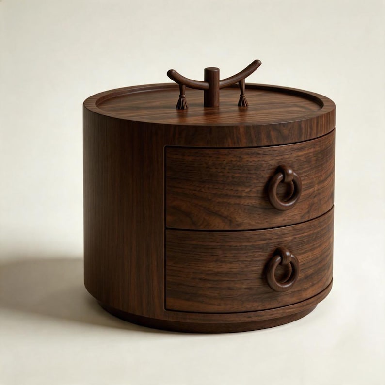 Custom Round Wood Jewelry Box with Drawers, Aesthetic AI Design Walnut Organizer, Unique Zen Style Valet Case, Minimalist Heritage Art Gift