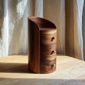 May include: A dark brown wooden storage unit with a curved side panel and three stacked drawers. Each drawer features a small, round wooden knob. The unit has a smooth, polished finish showing the natural grain of the wood throughout the structure.