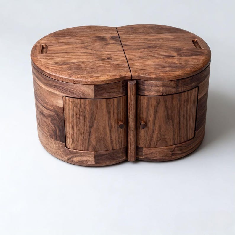 Custom Organic Wood Jewelry Chest, Aesthetic AI Design Walnut Vanity Box, Unique Curved Double Door Keepsake Case, Minimalist Art Storage