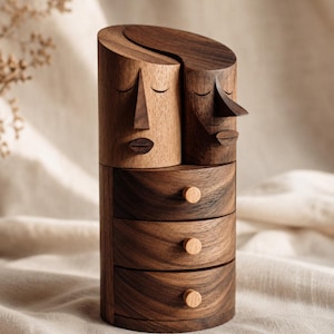 Abstract Face Jewelry Box | Yin Yang Drawer Desktop Organizer, Slanted Art Bureau | Walnut Timber Vanity Chest, Unique Wabi-sabi Mini Tower