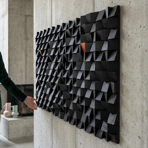 大型木製吸音壁パネル、黒の幾何学模様、3D吸音アート、モダンなモジュール式インテリアアクセント