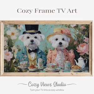 Cuadro decorativo para TV con diseño de perros malteses en una fiesta de té floral, estilo vintage cottagecore pictórico (descarga digital) 114