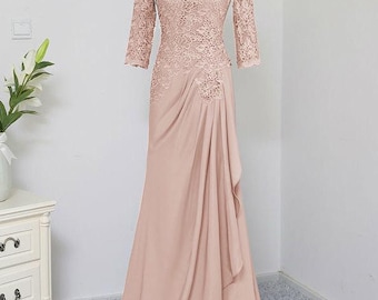 Elegante vestido de noche largo de encaje con mangas tres cuartos - Vestido formal rosa palo para mujer