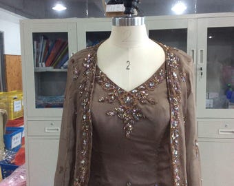 Elegant Brown Beaded Mother of the Bride Dress with Matching Jacket