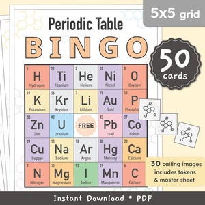 Puede incluir: Un juego de bingo de la tabla periódica con una cuadrícula de 5x5 que muestra símbolos y nombres de elementos químicos en cuadrados de colores pastel. El set incluye 50 tarjetas, 30 imágenes de llamada, fichas y una hoja maestra. El texto dice Periodic Table BINGO, 5x5 grid, 50 cards, 30 calling images includes tokens & master sheet, e Instant Download PDF.