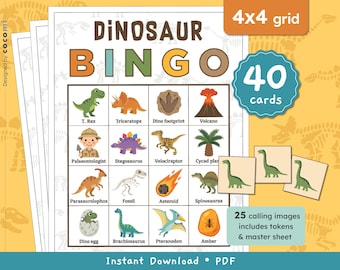 Bingo de Dinossauros 4x4 para Imprimir | 40 Cartelas Exclusivas, 25 Imagens para Chamada | Jogos para Festa Infantil