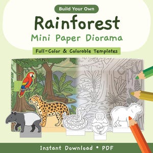 Könnte beinhalten: Ein Bastelset für ein Mini-Papier-Diorama zum Thema Regenwald mit farbigen und ausmalbaren Vorlagen. Das Bild zeigt eine teilweise kolorierte Regenwaldszene mit Papagei, Jaguar, Tapir, Schlange, Affe und Wasserschwein sowie Buntstiften.