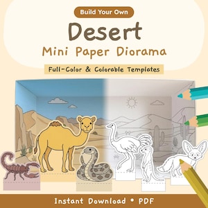 Può includere: Un kit per creare un mini diorama del deserto in carta con modelli a colori e da colorare. Il design include un cammello, un serpente, uno struzzo, un suricato e un fennec, con matite colorate visibili sul lato destro dell'immagine.