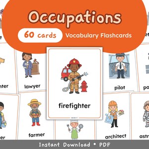 Może przedstawiać: Zestaw 60 edukacyjnych fiszek słownikowych zatytułowanych Occupations, zawierający kolorowe ilustracje różnych zawodów, w tym strażaka, stolarza, prawnika, pilota, policjanta, sprzątacza, rolnika, architekta i astronautę.