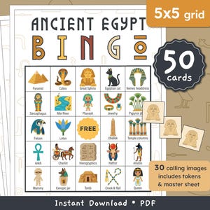 May include: An Ancient Egypt bingo game set featuring a 5x5 grid with colourful illustrations of pyramids, pharaohs, and hieroglyphics. The set includes 50 cards, 30 calling images, tokens, and a master sheet, all presented as an instant download PDF.