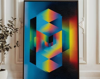 Konsttryck med flytande kub, optisk illusion - regnbåge 3D geometrisk poster - abstrakt ljusspektrum väggdekor - trippy modern digitalt konstverk