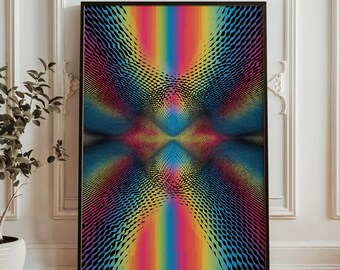 Konsttryck med regnbågsvågor och optisk illusion - Trippy symmetriskt flöde - Väggkonst med psykedeliskt geometriskt mönster - Livfull modern inredning