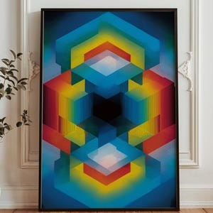 May include: Geometric abstract art print in a black frame. The artwork features a vibrant, colorful design with a gradient of blues, yellows, oranges, and reds. The composition includes layered geometric shapes, creating a 3D effect.