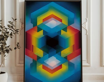 Geometrisk kub optisk illusion konsttryck - regnbåge isometrisk abstrakt poster - 3D färgglad struktur väggkonst - modern psykedelisk dekor