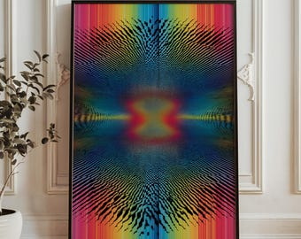 Psykedelisk geometrisk burstkonsttryck - regnbågeoptisk illusionsaffisch - abstrakt symmetri väggdekor - vibrerande trippy digitalt konstverk