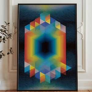 Può includere: Stampa artistica astratta geometrica incorniciata. L'opera presenta un vuoto scuro centrale circondato da forme geometriche colorate e stratificate in tonalità di blu, giallo, arancione e rosso. Lo sfondo è blu scuro con una trama sottile.