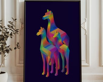 Konsttryck med regnbågsgiraff - Färgglad geometrisk djurväggdekoration - Modern abstrakt poster - Livfullt digitalt djurlivskonstverk