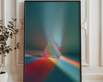 Väggkonst med prismapyramid - Abstrakt ljusbrytningstryck - Minimalistisk geometrisk poster - Konstverk med regnbågsljusstråle