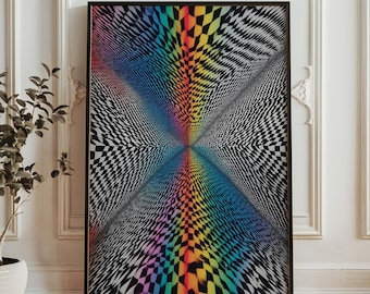 Trippy Checkerboard Optisk Illusion Tryck - Rainbow Warp Grid Poster - Psykedelisk Svartvit Abstrakt Konst - Modern Livfull Väggdekor