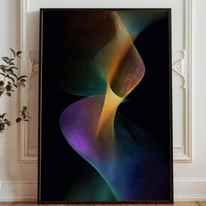 Könnte beinhalten: Gerahmter abstrakter Kunstdruck mit einem fließenden Design aus farbigen Punkten auf schwarzem Hintergrund. Das Kunstwerk zeigt einen Farbverlauf aus Farben wie Blau, Lila, Gelb und Grün, wodurch ein dynamischer visueller Effekt entsteht. Der Rahmen ist schwarz.