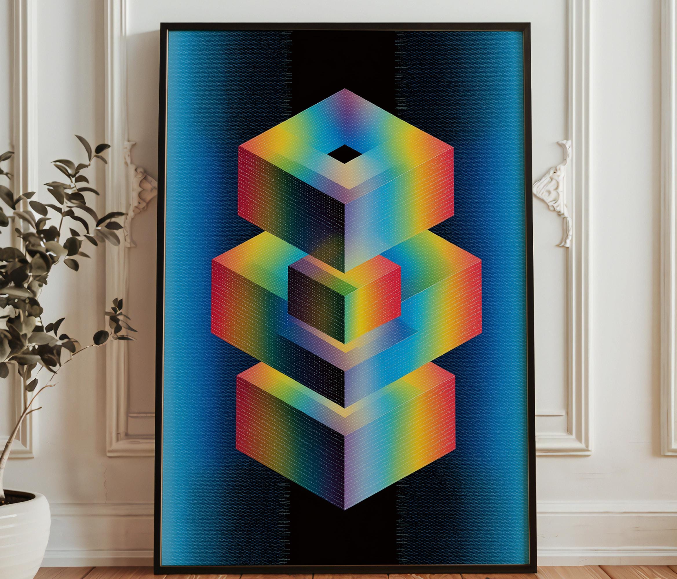 Rainbow Geometric Cube Stack Art Print - 3D Abstract Optical Illusion ...