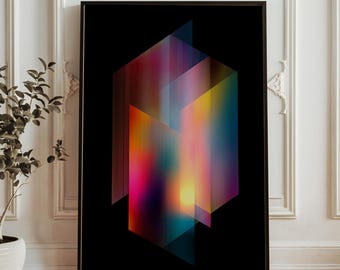 Abstrakt geometrisk gradientkonst - Färgglad linjekubposter - Modern minimalistisk digitaltryck - Neongradientväggdekor
