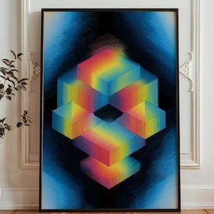 May include: Framed art print featuring a geometric design of stacked, colorful cubes. The artwork uses a gradient of rainbow colors against a dark blue background. The print is displayed in a black frame, suitable for wall decor.