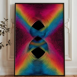 May include: Abstract art print featuring a vibrant rainbow design with intersecting lines and a black background. The artwork is framed in a black frame and displayed on a white wall. The color palette includes shades of pink, yellow, blue, and green.