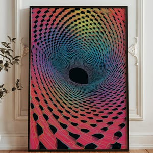 May include: Abstract art print featuring a vibrant, swirling vortex design. The artwork showcases a gradient of colors, including pink, red, yellow, blue, and black, creating a dynamic visual effect. The print is framed in a black border.