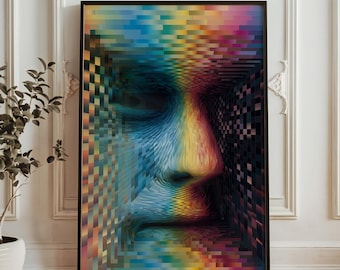 Konsttryck med porträtt av glitch-ansikte - Abstrakt pixelerad profilposter - Psykedelisk digital väggdekoration med ansikte - Modern färgglad surrealistisk konst