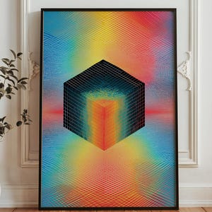 3D幾何学キューブアートプリント - レインボー抽象グリッドポスター - 錯視デジタルアートワーク - モダンミニマリスト壁装飾