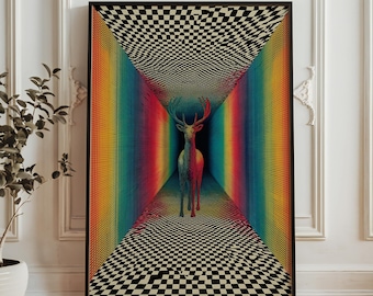 Psykedelisk hjorttunnel konsttryck - regnbåge optisk illusion poster - surrealistisk djurväggdekoration - trippy schackrutigt perspektivkonstverk