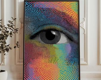 Abstrakt konsttryck med glitchöga - psykedelisk porträttposter - färgglatt optisk illusionsansikte - modern digital väggdekor
