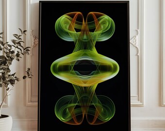Neon Abstrakt Fraktal Konsttryck - Symmetrisk Geometrisk Poster - Futuristisk Digital Väggkonst - Modern Minimalistisk Inredning