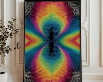 Trippy optisk illusion konsttryck - psykedelisk neon abstrakt poster - vibrerande geometriskt vågmönster - op art regnbåge väggdekor