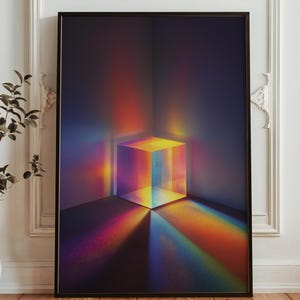 Puede incluir: Una impresión artística enmarcada que presenta un cubo geométrico iluminado con vibrantes colores del arcoíris. La obra de arte está situada en una esquina oscura, con rayos de luz creando un espectro colorido en el suelo y las paredes. El tema general es abstracto y moderno.