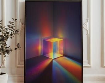Konsttryck med regnbågsprismakub - minimalistisk ljusreflektion - modern geometrisk poster - färgglatt abstrakt digitalt konstverk