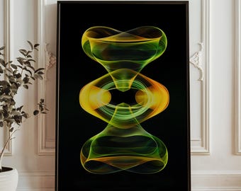 Neon Abstrakt Fraktal Konsttryck - Symmetrisk Geometrisk Poster - Futuristisk Digital Väggkonst - Modern Minimalistisk Inredning