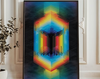 Regnbågsprismakub optisk illusionstavla - Isometrisk lagergeometriposter - 3D abstrakt ljustunnelväggkonst - Färgglad modern inredning