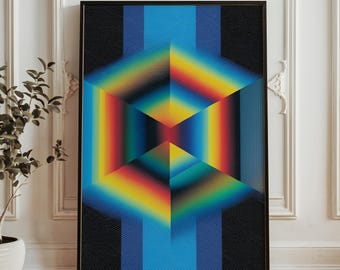 3D Geometrisk Kublillusion Konsttryck - Regnbågsljusspektrum Poster - Abstrakt Optisk Illusion Väggdekor - Modernt Trippy Digitalt Konstverk