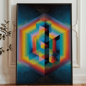 May include: A framed art print with an abstract geometric design. The artwork displays a vibrant spectrum of colours, including red, orange, yellow, green, and blue, arranged in a three-dimensional cube-like structure against a dark blue background.