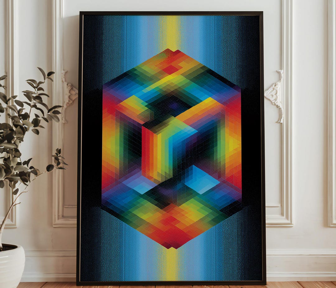 Rainbow Voxel Cube Optical Illusion Print - Pixelated 3D Geometric Box ...