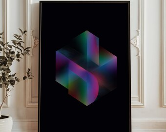 Abstrakt geometrisk kubkonst - Neongradientformad poster - Modern minimalistisk 3D-blocktryck - Färgglad digital geometrisk väggdekoration